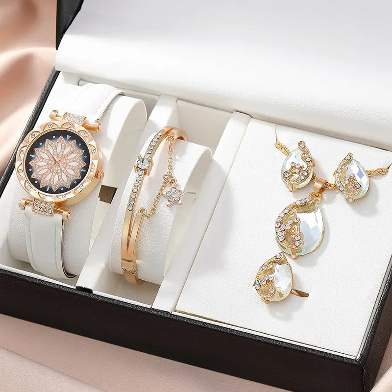 Conjunto Relógio de Quartzo feminino - Relógio, colar, pulseira, brincos e anel