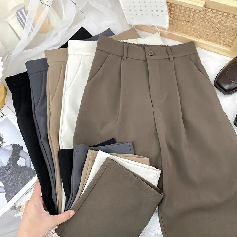 Calça Haren de cintura alta elástica feminina - terno preto, calça casual, estilo coreano, calça de escritório sólida, outono