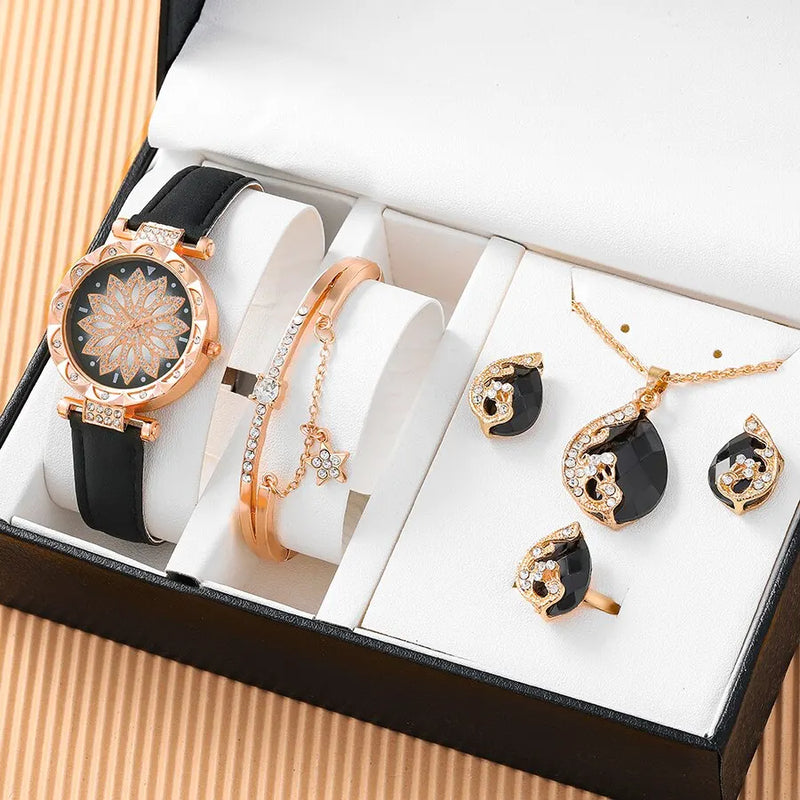 Conjunto Relógio de Quartzo feminino - Relógio, colar, pulseira, brincos e anel