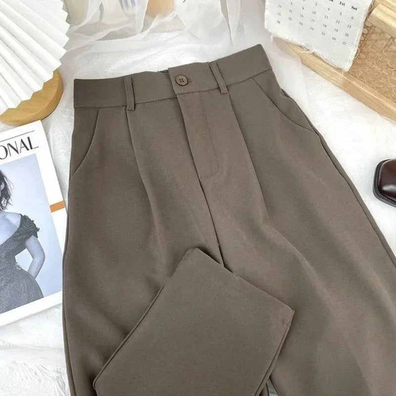 Calça Haren de cintura alta elástica feminina - terno preto, calça casual, estilo coreano, calça de escritório sólida, outono